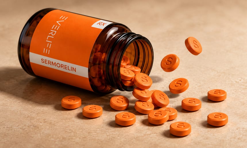 Everlife Sermorelin sublingual tablets spilling from the bottle