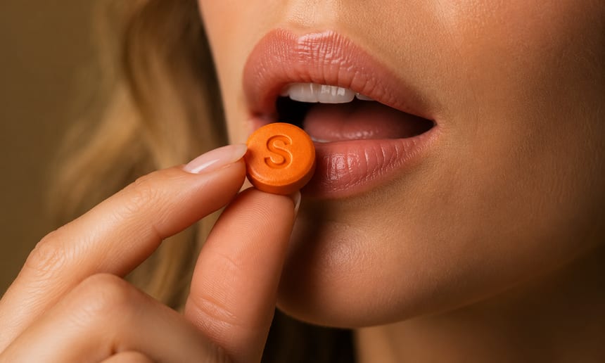 A sublingual tablet being placed under the tongue