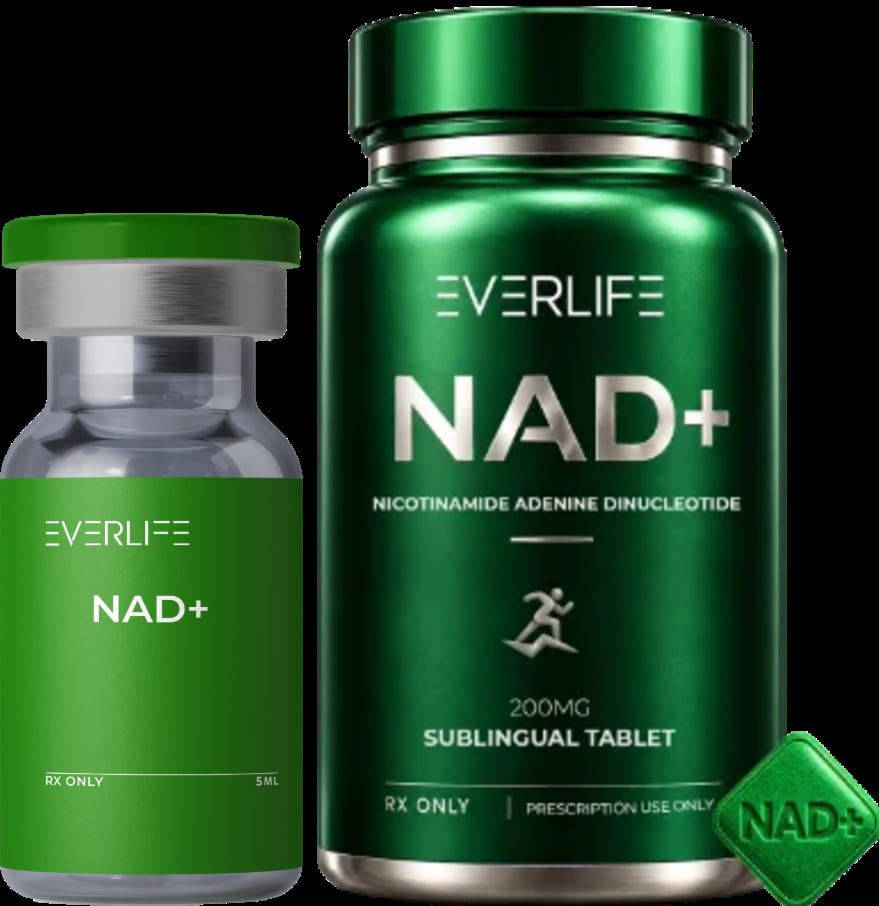 Everlife NAD+ injection vial and sublingual tablet bottle