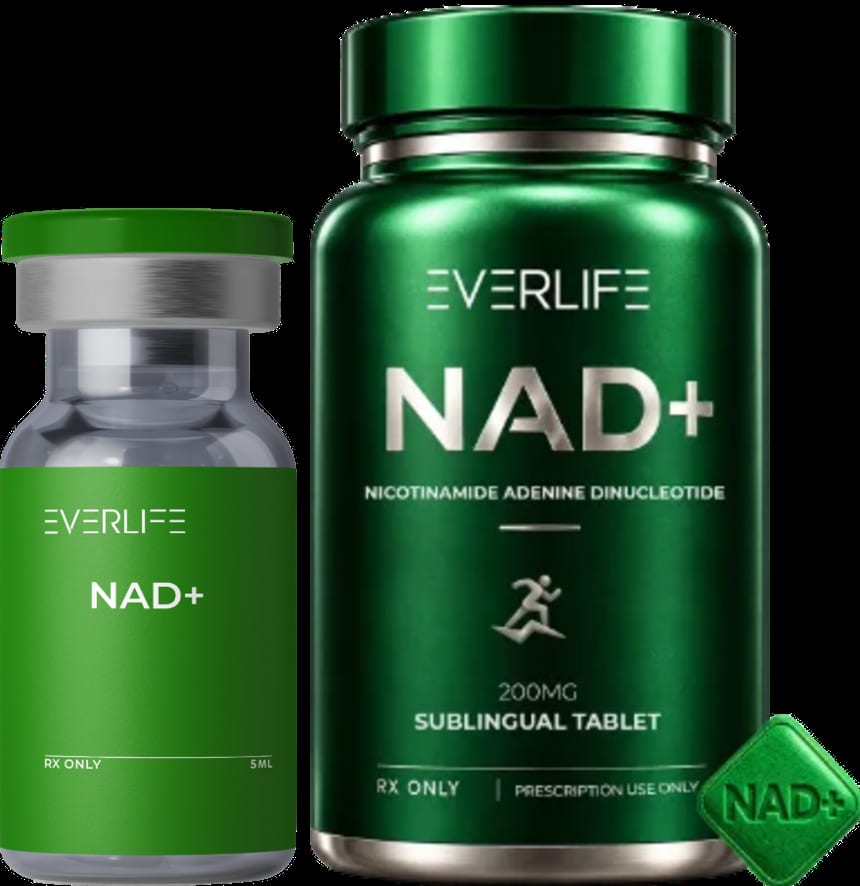 Everlife NAD+ injection vial and sublingual tablet bottle