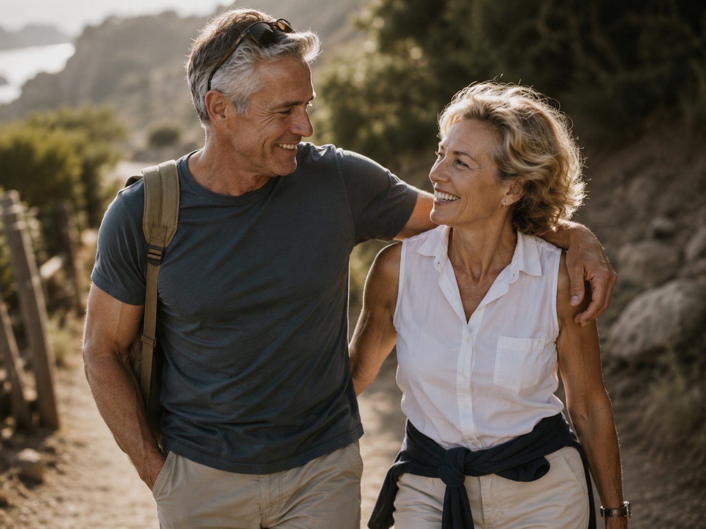 A couple in their fifties walking a sunlit trail